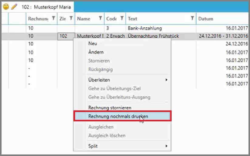 Bei bereits bezahlten Rechnungen: Mit Rechtsklick Rechnung nochmals drucken