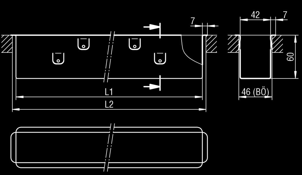 Zubehör-Abmessungen Blindelement (-BLK) Bodendicke 25mm Bodendicke >25mm außen Eckwinkel (-EW, 1-schlitzig)
