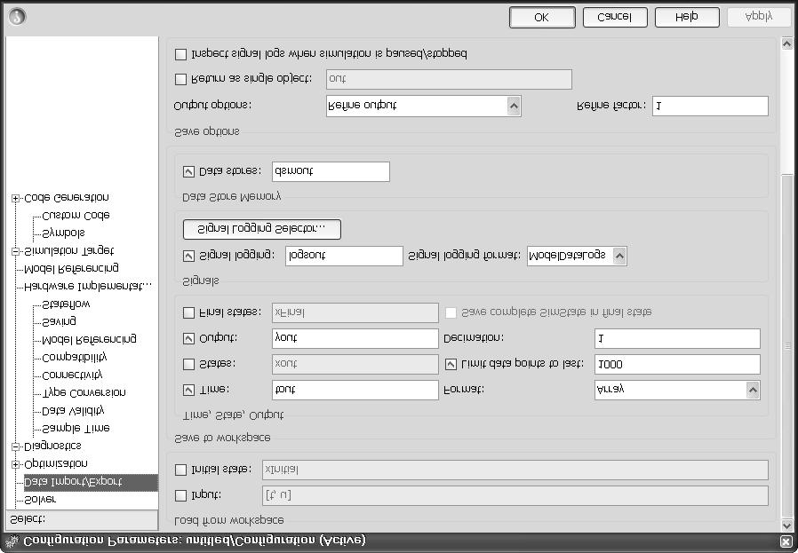 Conf iguration P arameters Dialogbox: Data Import/Export (1) Laden von Daten aus dem Workspace in Inport-Blöcke auf oberster Modellebene (Formate beachten!
