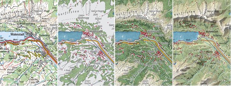 Vergleich der erstellten Ausschnitte mit der Landeskarte der Schweiz (2) Einschränkungen Konkurrenzsituation der Reliefierung mit Farbe und Muster