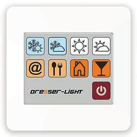 DRESSER LIGHT Ein Knopfdruck gengt Über eine simple Touchscreen-Steuereinheit können ihre Kunden das Streulicht zwischen vordefinierten Einstellungen wie Restaurant - Bro und Wintertag ändern und