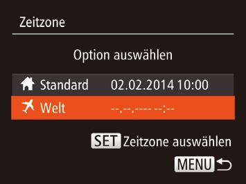 Zeitzone Damit Ihre Aufnahmen auch bei Reisen ins Ausland mit der richtigen rtszeit versehen werden, können Sie die Zeitzone des Reiseziels schon vorher in speichern und dann vor rt einfach zu dieser