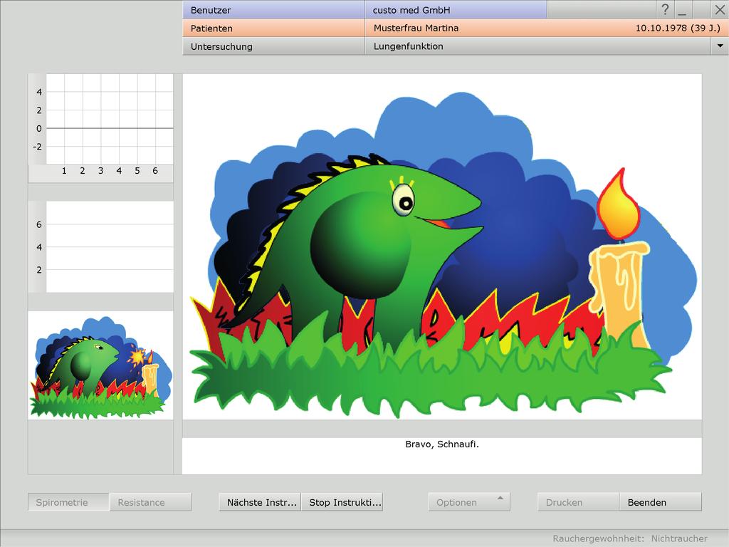 Um einen zusätzlichen Bildschirm einzustellen, öffnen Sie die Seite Untersuchung, Lungenfunktion, Einstellung, Menü/Funktionen, Animation und wählen im Bereich Animation die Option Eigenes Fenster.