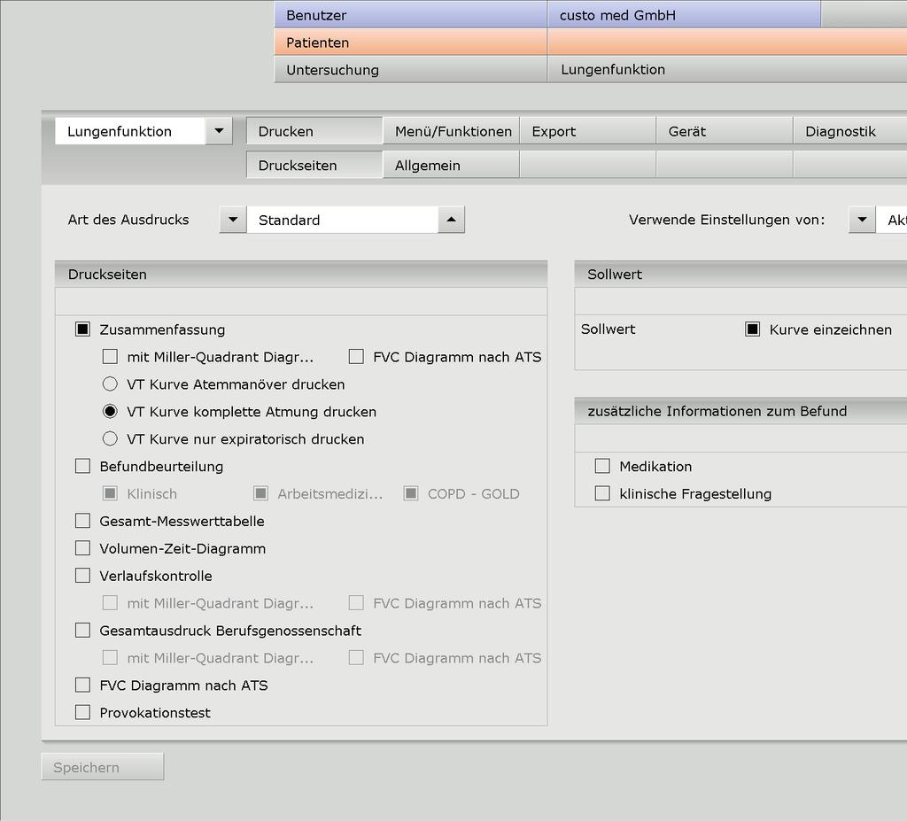 .6 Einstellungen für die Lungenfunktion Ausdruck konfigurieren Auf der Seite Untersuchung, Lungenfunktion, Einstellungen, Drucken, Allgemein wird festgelegt, welche Druckseiten beim Betätigen der