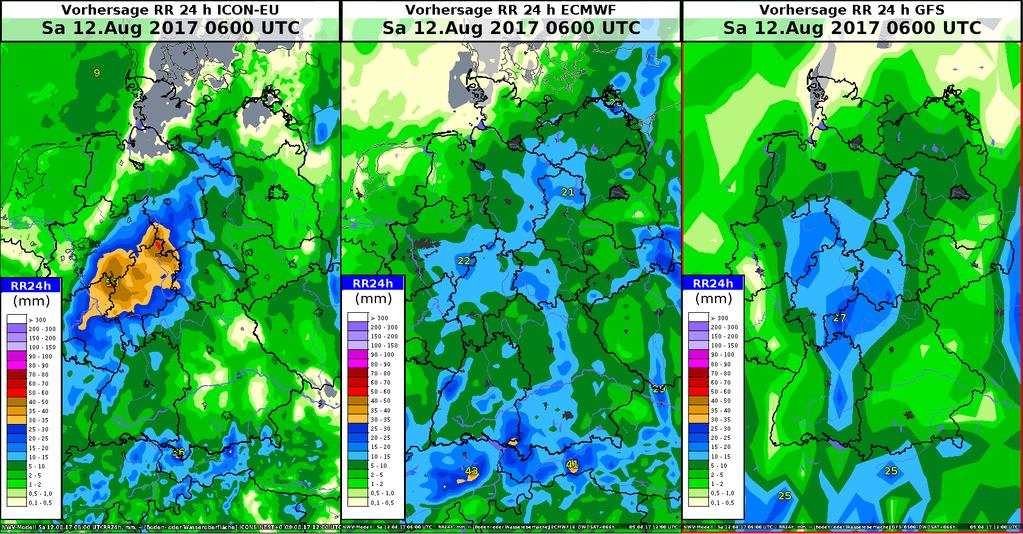 Deterministische Vorhersagen + 66 h DWD ECMWF NCEP Niederschlag in 24 Stunden [mm] Quelle: Dipl.-Met.