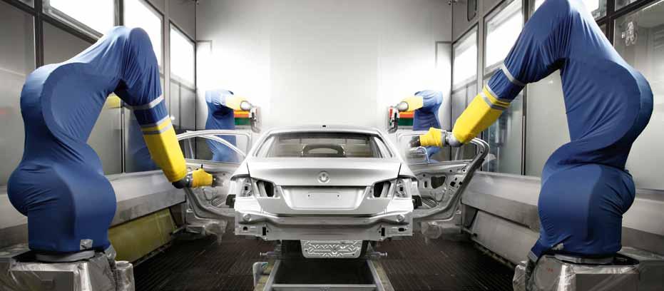 Industrieroboter bestimmen hier das Bild, denn mit einem Automatisierungsgrad von fast 100 Prozent ist der Karosseriebau einer der am höchsten automatisierten Bereiche in der Pro duktion der BMW