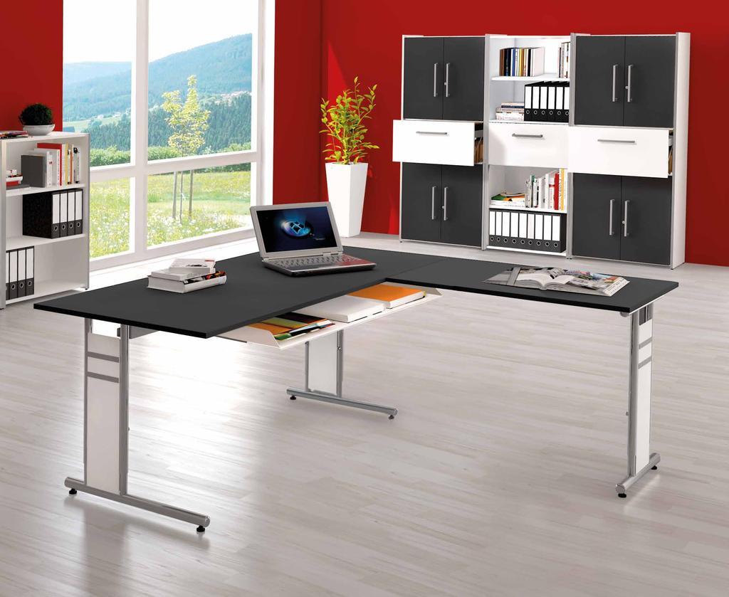Tischplatte aus Melaminharz beschichteten Spanplatten in E1-Qualität mit 2 mm ABS-Kantenumleimer, Tischgestell aus Stahl. weiß Art.