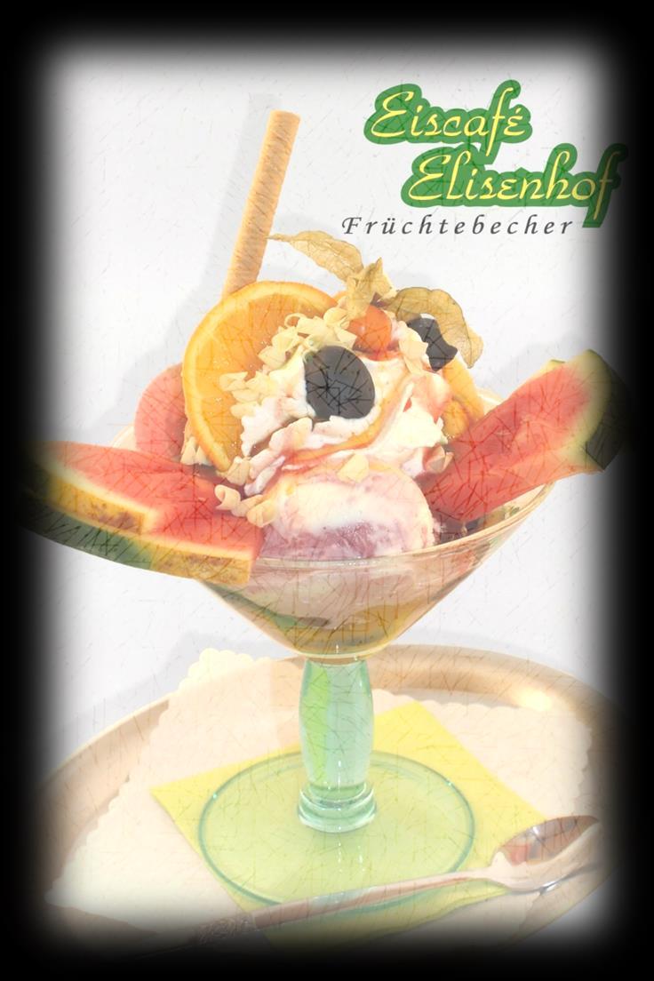 Eiskarte Erdbeereisbecher (Saisonal) 5,50 fruchtiges Erdbeer Sorbet und Vanilleeis 1 garniert mit frischen Erdbeeren