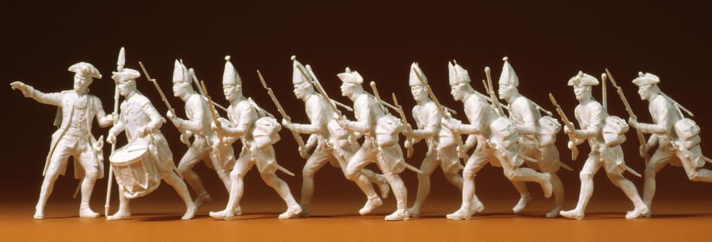 11 unpainted miniature figures. Kit. Figures: Material in white colour 63852 Preußen 1756. Im Feuergefecht. 9 unbemalte Miniaturfiguren. Bausatz.