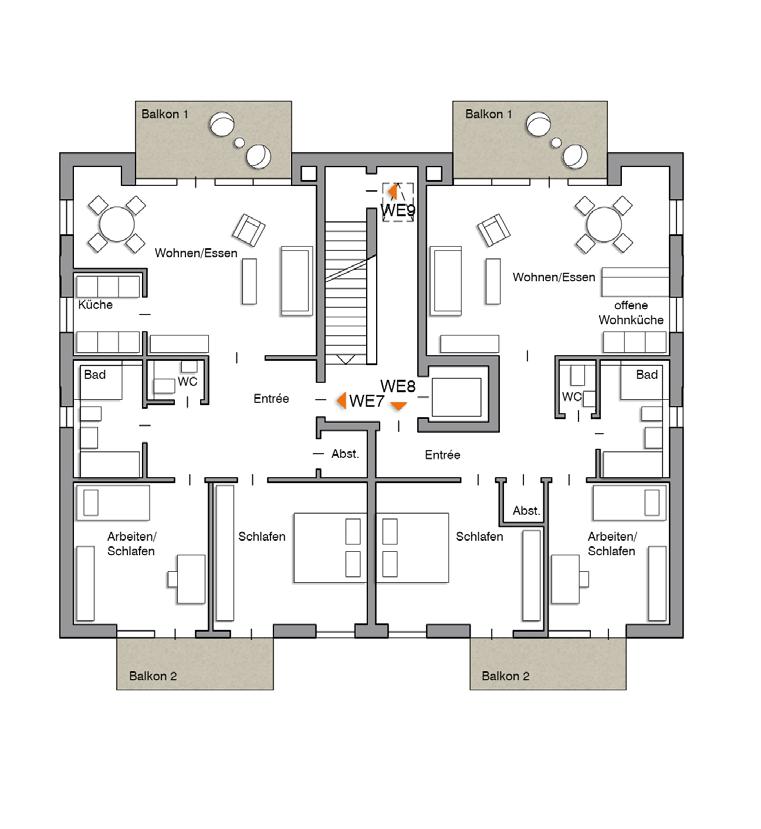 Wohnung 7 & 8 Obergeschoss Wohnung 7 Wohnung 8 Wohnfläche 101.92 m² Wohnfläche 98.17 m² Abstellraum Arbeiten/ Balkon 1* Balkon 2* Entrée WC Wohnen/Essen 1.69 m² 16.06 m² 6.14 m² 4.93 m² 3.74 m² 14.