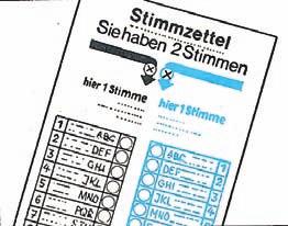 Stimmzettel in blauen Stimmzettelumschlag Wahlumschlag legen legen und und zukleben.