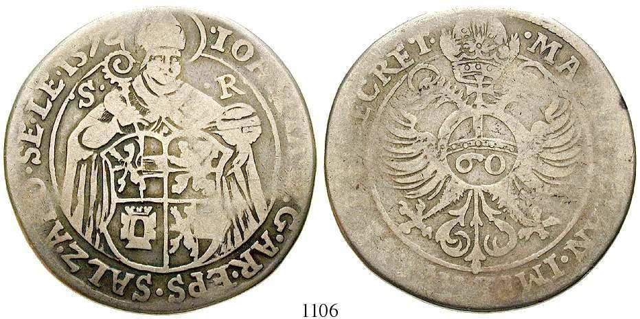 Stehender St. Rudbertus hinter Wappen / Doppeladler, Titel Maximilian II. Dav.123; Probszt 578.
