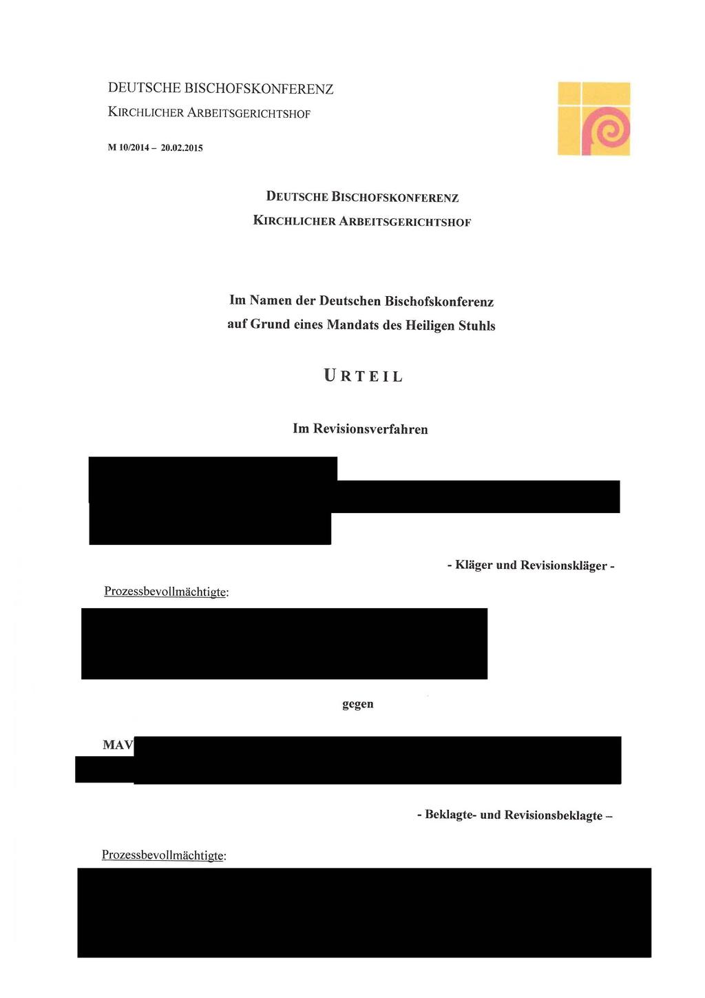 DEUTSCHE BISCHOFSKONFERENZ KIRCHLICHER ARBEITSGERICHTSHOF M 10/2014-20.02.