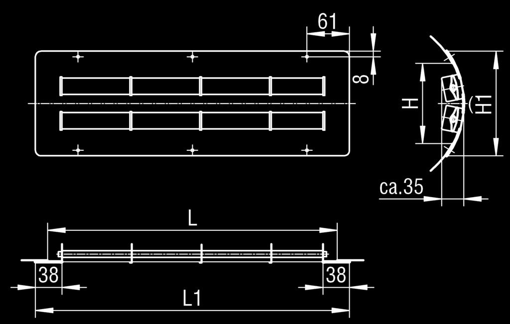 Beschreibung Zu- und Abluftgitter speziell für Rohreinbau, mit frontseitig waagerechten, drehbar gelagerten Luftlenklamellen.