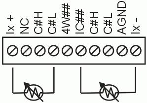 Messanordnung mit zwei Drähten und einem RTD- oder Thermistor-Sensor Wenn Sie diese Konfiguration einrichten, erfolgen die Verbindungen mit C#H und C#L intern.