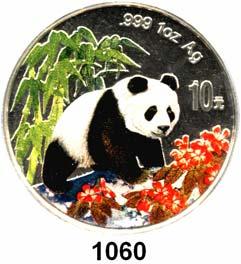 ...Prägefrisch 50,- 1058 10 Yuan 1997 (Silberunze). Schmale Jahreszahl mit Serifen. Schön 1001. KM 986. Panda nach links im Wald.