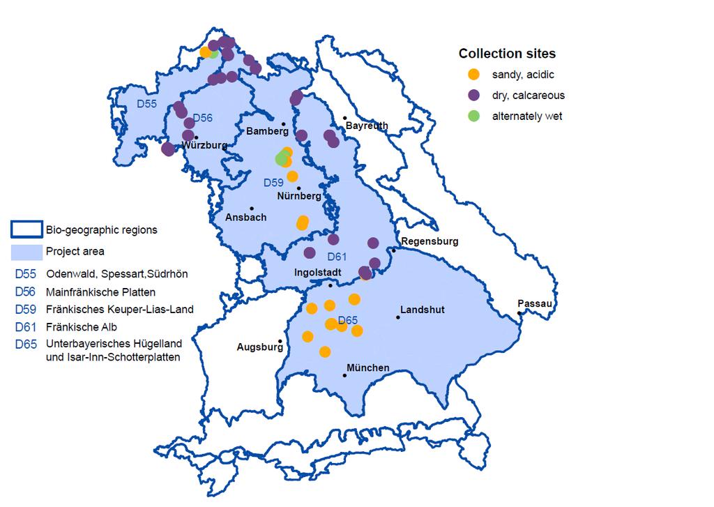 Bundesweite Übertragung - Bayern Übersichtskarte über das Projektgebiet mit fünf Naturräumen (hellblau hinterlegt) in Bayern und