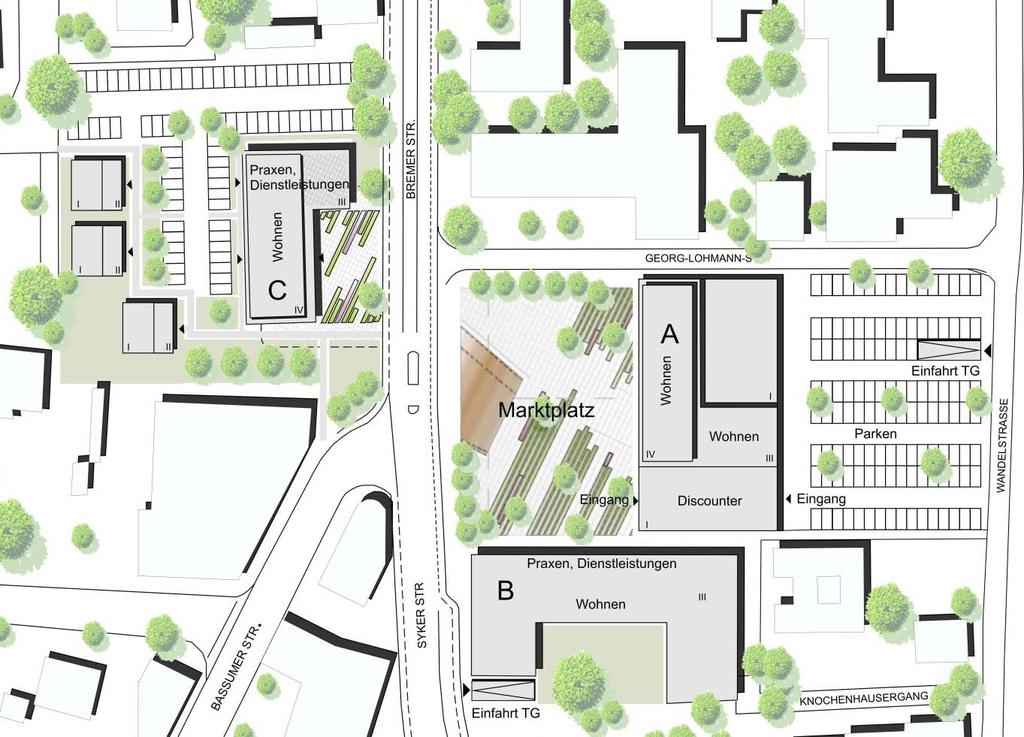 Variante 1 Verkaufsfläche SB Markt Ca. 1.200 m 2 Wohnungen Ca. 87 Gastronomie/Handel/ Service/Praxen Ebenerdige Parkplätze Tiefgaragen Ca.