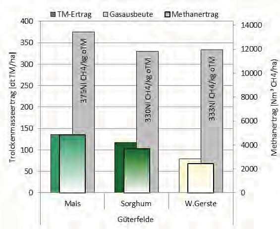 Exemplarisch ist ein weiterführender Vergleich unter Einbeziehung der Methanbildungspotentiale von Sorghum, Mais und Wintergerste (GP) an 3 Standorten aufgeführt (vgl. Abbildung 29).