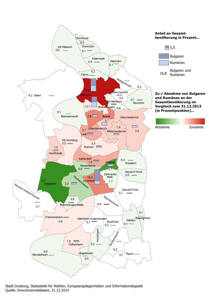 Räumliche Verteilung der Zugewanderten Wie aus nachfolgender Ortsteilkarte zu ersehen ist, lagen die Hauptwohngebiete der bulgarischen und rumänischen Zuwanderer