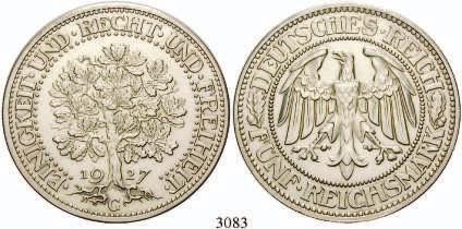 360 1936 A f.st 20,- 3107 1 Reichspfennig Cu, Hakenkreuz J.361 1936 A ss 7,- 3081 5 Reichsmark Ag, Eichbaum J.
