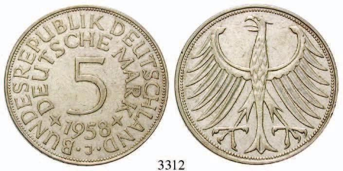 Sie erhalten diese seltene Münze von uns natürlich mit einem Fotoechtheitszertifikat. 3313 J.387 1959 D Adler vz-st 150,- 3314 J.387 1959 G Adler ss+ 40,- 3315 J.387 1959 J Adler vz 40,- 3316 J.