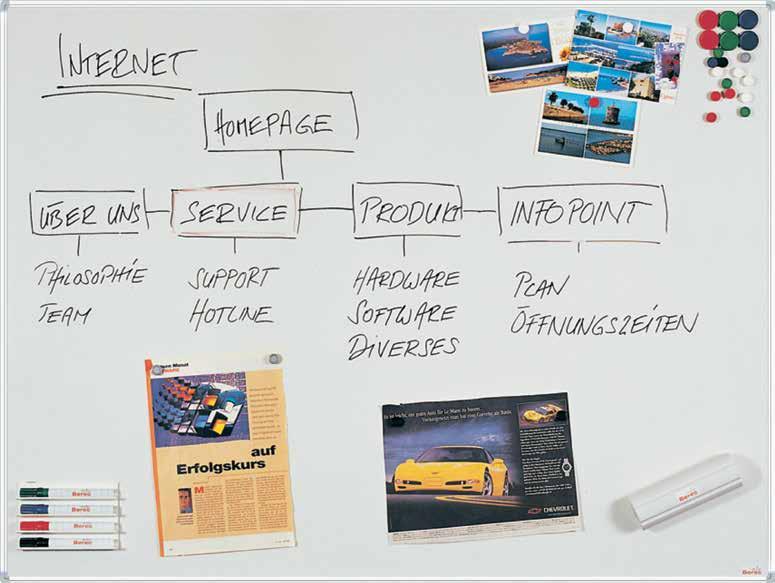 I 12 WEISSWANDTAFELN Weisswandtafeln In Konferenz- und Seminarräumen sind Weisswandtafeln nicht mehr wegzudenken, da sie eine permanente Präsentationsfläche anbieten.