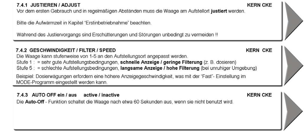 7.4 Bedienung 7.4.1 Justieren KERN CKE / NKE / QKE 7.4.2 Geschwindigkeit KERN CKE / NKE / QKE 7.