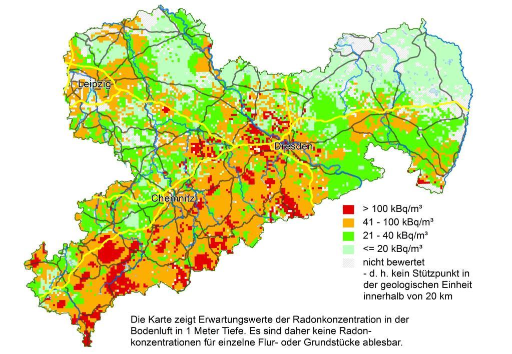 1. Einführung Situation in Deutschland Die höchsten Bodenradonkonzentrationen treten in weiten Regionen Sachsens sowie in Bayerns auf.