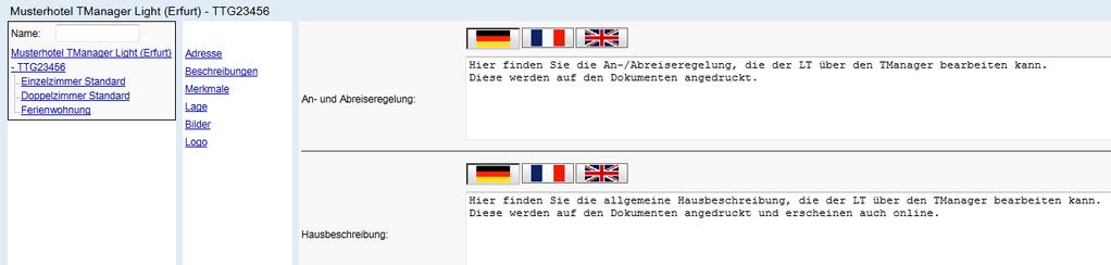 2.1.2 Änderung der Beschreibungstexte Sie können die Beschreibungstexte Ihres Hauses in deutscher und englischer Sprache pflegen.