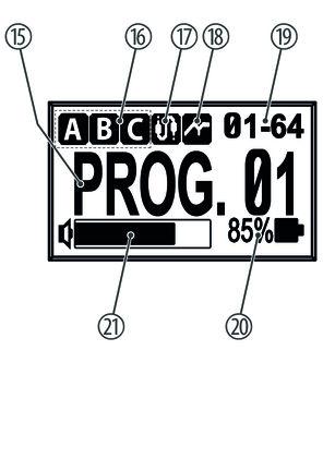 Anschlüsse und Bedienelemente Display 15 Ausgewähltes Programm mit dem zugeordneten Namen 16 Zeigt die Ausgänge an, an die das Audio-Signal weitergeleitet wird.
