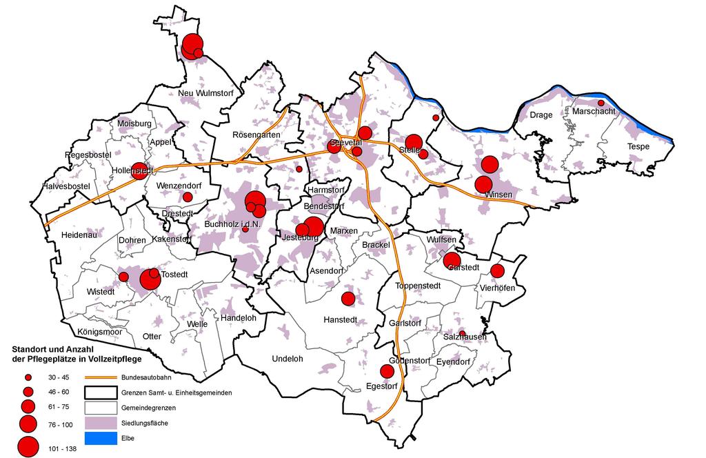 Abbildung 63: Standorte stationärer Vollzeit-Pflegeangebote im LK Harburg Quelle: eigene