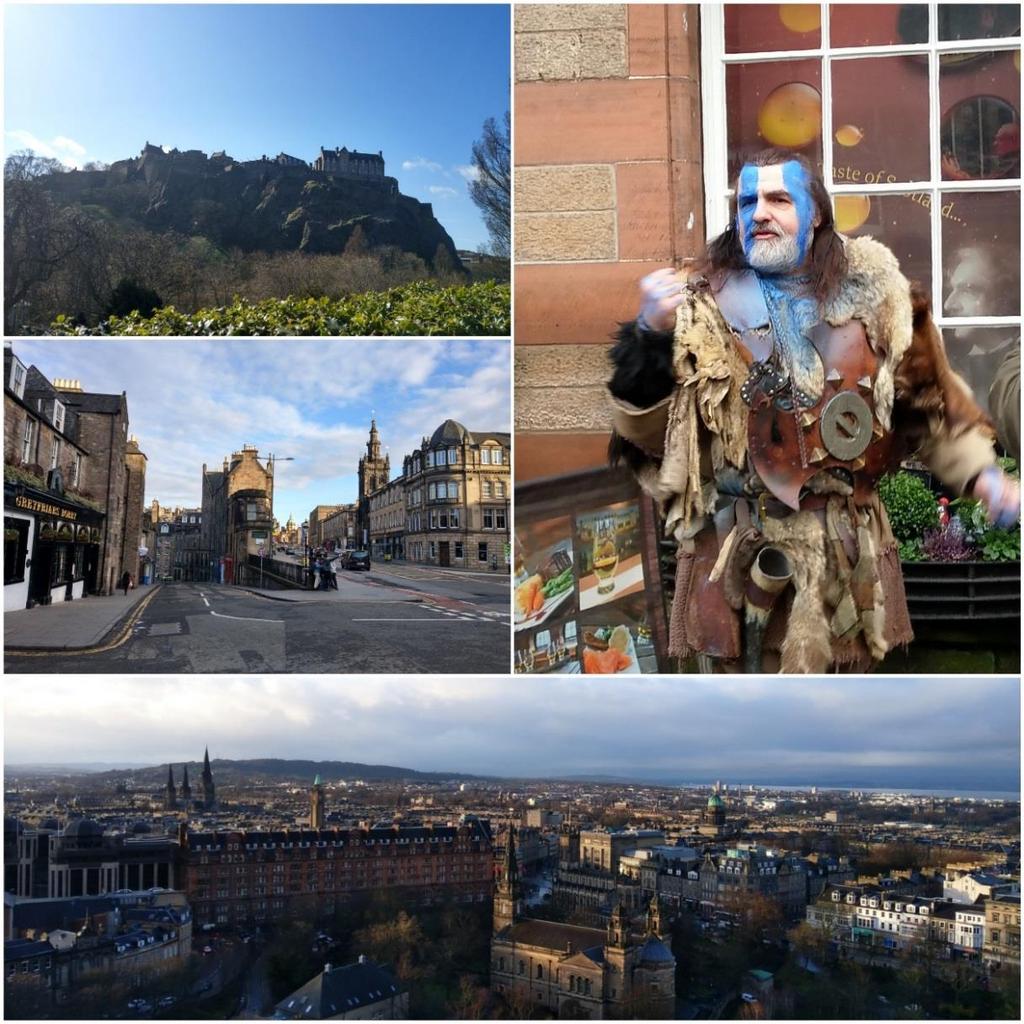 Von links oben nach unten: Edinburgh Castle, Altstadt, Straßenkünstler als William Wallace, Blick vom Castle über Edinburgh Kulinarisch ist Schottland natürlich für Whisky, Haggis und Irn Bru