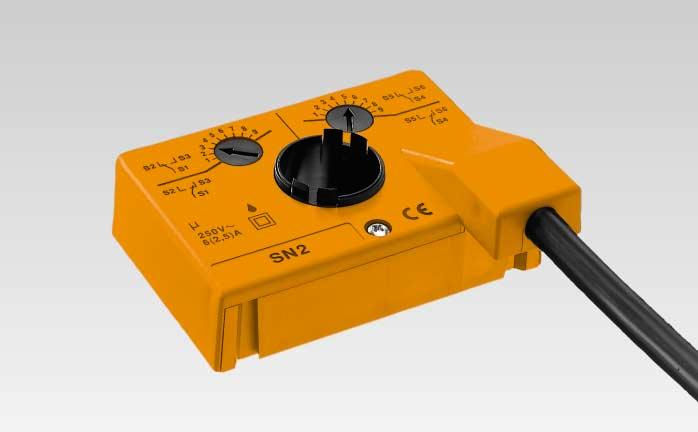 SN1, SN2 Hilfsschalter p0008707 Passend zu den Klappenantrieben NM Anwendung Die Hilfsschalter SN1 und SN2 dienen zur Stellungssignalisation oder zur Ausübung von Schaltfunktionen in jeder beliebigen