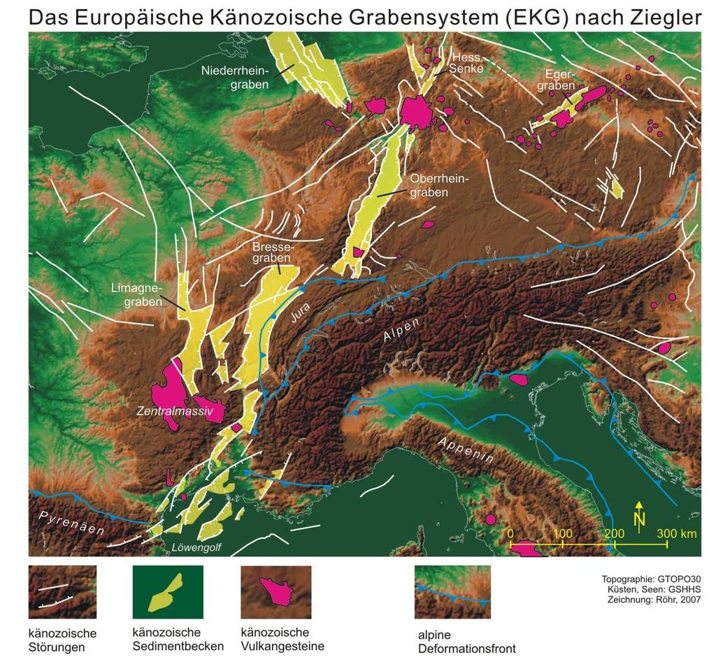 In den letzten rund 65 Ma entstand in Europa ein System von Gräben und Vulkanfeldern: European Cenozoic Rift System (ECRIS) &