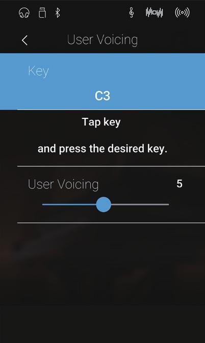 User Voicing Die Funktion User Voicing ermöglicht die Intonation separat für jede einzelne Taste. Pianist Modus Sound Modus User Voicing Funktion verändern 1. Durch Wischen nach links oder rechts bzw.