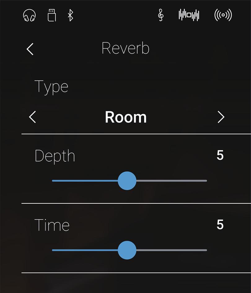 Das NV10 ist mit sechs verschiedenen Hall Typen ausgestattet, die Sie im Sound Modus Menü verändern können. Hall ein-/ausschalten Tippen Sie auf die [Menü] Taste.