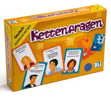 Die Spielbox enhält: einem farbigen Spielfeld einem Stoß von 66 Karten einem Zahlenwürfel einem Würfel mit Personalpronomen, einem Würfel mit Satzarten Spielstein und Prämienpunkten eine