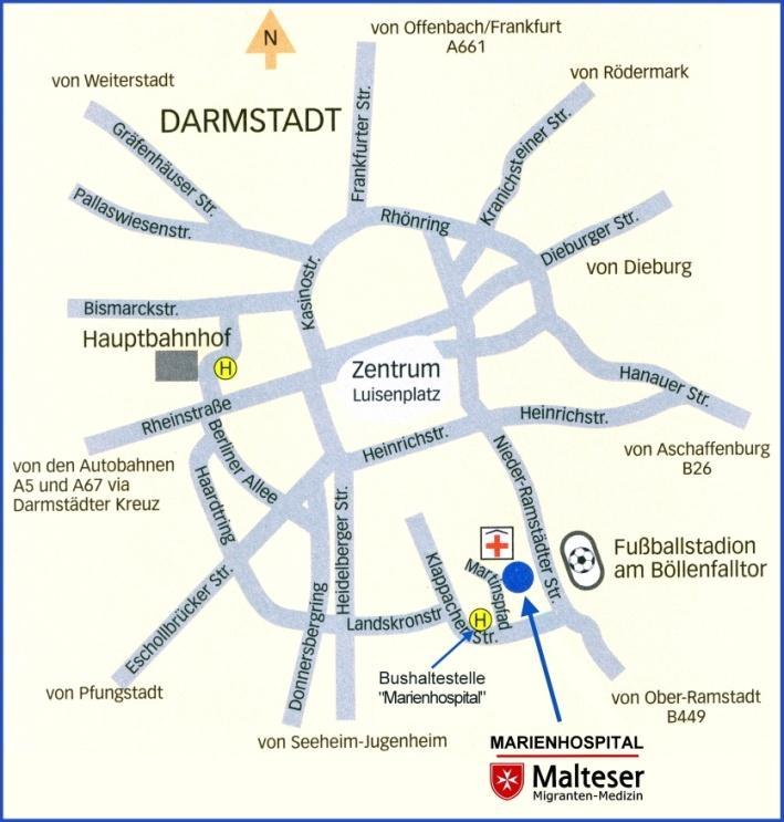 Kontakte Lageplan Malteser Migranten Medizin am Marienhospital Darmstadt Tel.