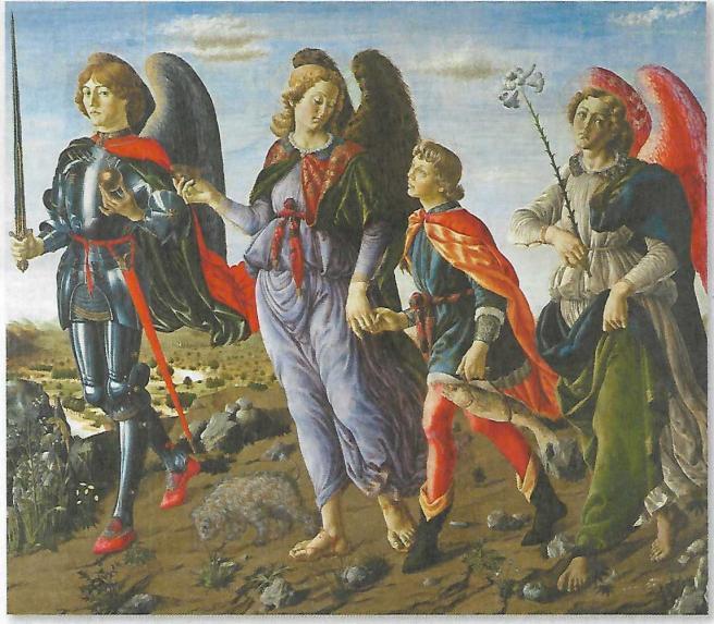 Die drei Erzengel und Tobias, gemalt von Francesco Botticini (1446-1497). Von links nach rechts: Michael, Aafael, Tobias, Gabriel.