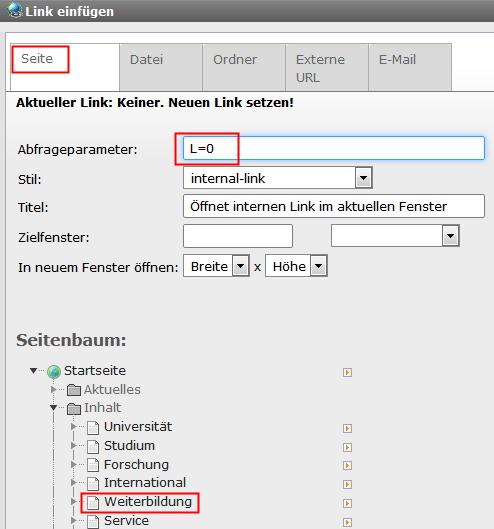 Sie sind automatisch mit den richtigen Werten gefüllt. 3. Den Seitenbaum aufklappen. 4. Mit einem Klick auf den Titel die Seite auswählen, auf die verlinkt werden soll.