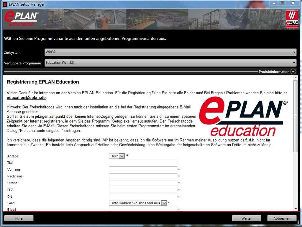 Installation Registrierung In dem Dialog des Setups legen Sie zunächst fest, welche EPLAN Education-Version (32 oder 64 Bit) installiert werden soll.