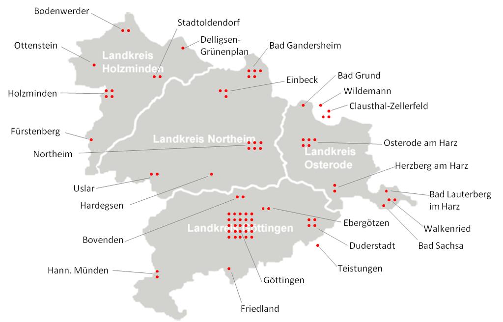 Übersicht 108: Geographische Verteilung der Teilnehmer der Angebotserhebung in Südniedersachsen Eine vollständige Liste der Kultureinrichtungen, die sich an der Angebotserhebung beteiligten, kann dem