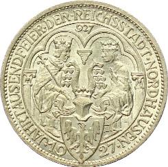 Sehr schön 350,- 325* 3 Reichsmark 1927A.