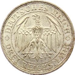 Vorzüglich 340* 3 Reichsmark 1929F. Verfassung.