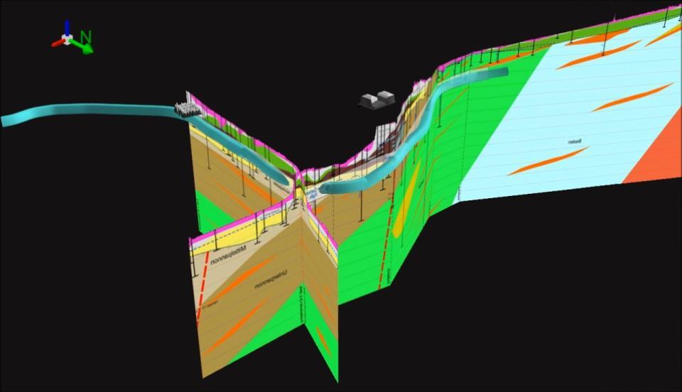 3D-Animation: Flug rund um West-Ost Längenschnitt mit geplanter U5-Strecke, Bauphase II Bohrungen: MA 29 (1/2016); U5-Trasse: MA 18 (1/2016); Tieflage: schematisch; Höhenmodell