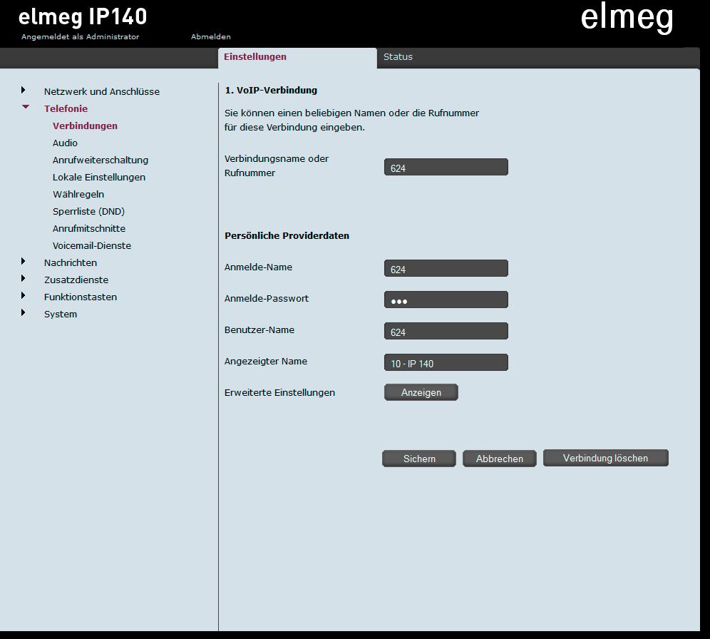 Installationsbeispiel elmeg IP140 Einstellungen elmeg IP140 D Geben Sie unter Anmelde-Name, Anmelde-Passwort und