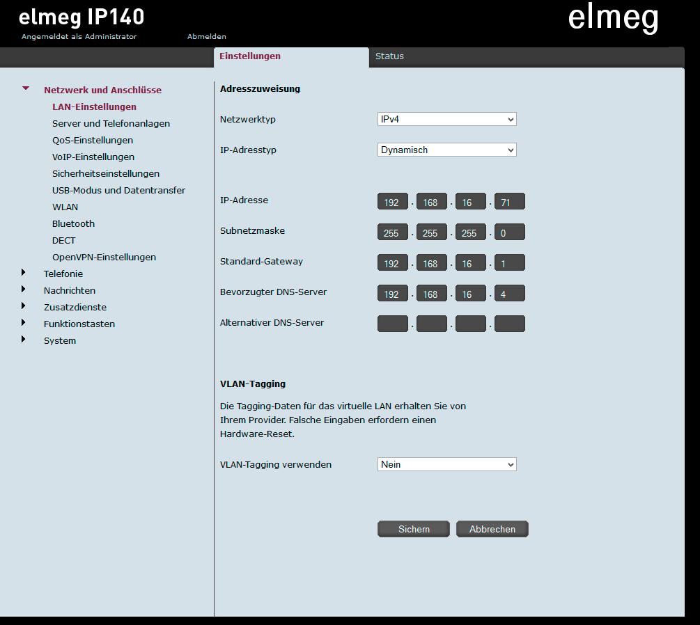 D Installationsbeispiel elmeg IP140 Einstellungen elmeg IP140 Klicken Sie auf Einstellungen, um in das Konfigurationsmenü zu gelangen: