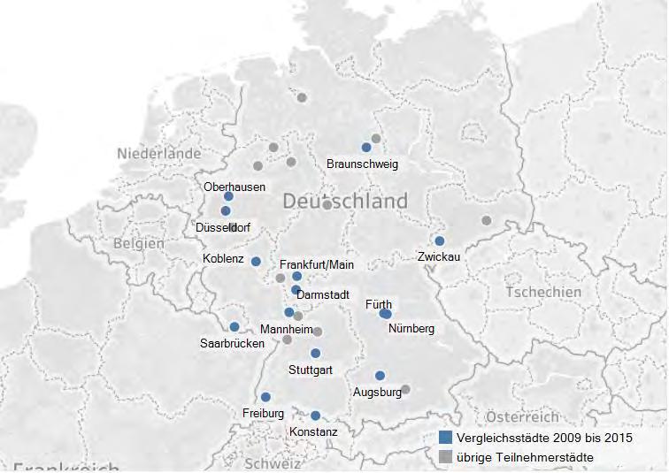 Die Bewertung der Lebensqualität in Koblenz vor und nach der Bundesgartenschau 2011 185 Abbildung 1: Räumliche Verteilung der 15 Vergleichsstädte Quelle: Koordinierte Befragung zur Lebensqualität in