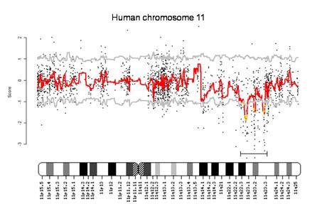 Die signifikant (gelbe Punkte) vermindert exprimierten Regionen 13q14 und 11q22-23 sind markiert. Das Gen ARHGAP20 ist mit einem Pfeil markiert.